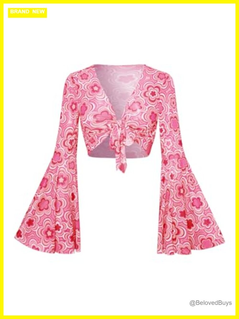 Bell Sleeve Crop Top Tie Front Sheer Mesh Blouse